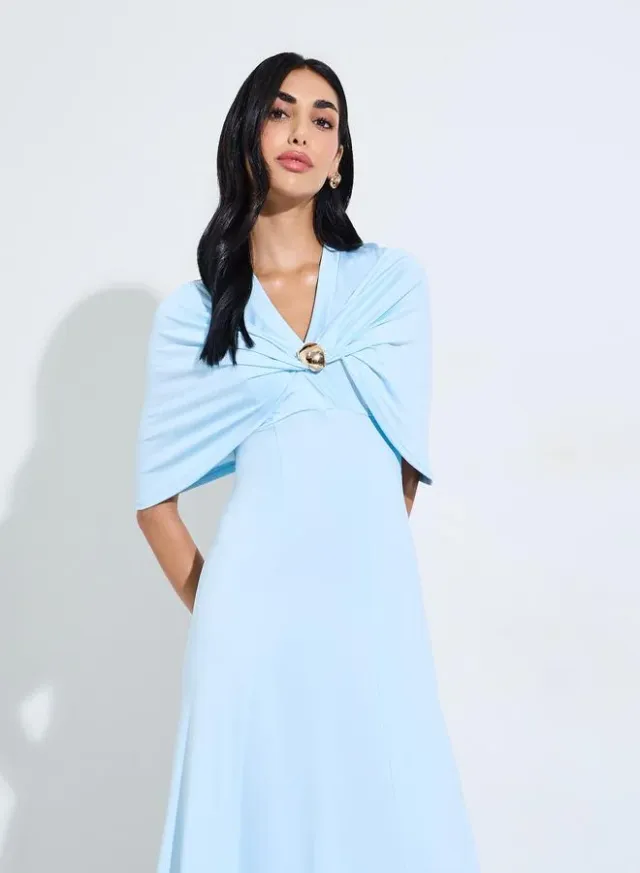 Light Blue Cape Sleeve A-Line Maxi Dress – image 2