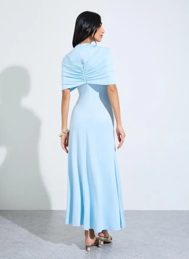 Light Blue Cape Sleeve A-Line Maxi Dress – image 3