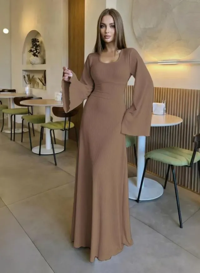 Cream Long Sleeves A-Line Maxi Dress