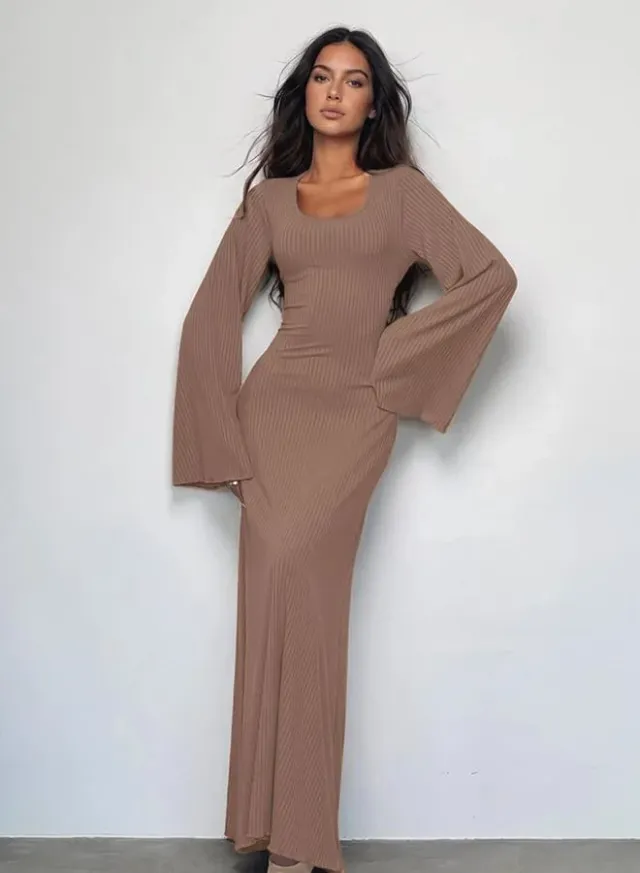 Cream Long Sleeves A-Line Maxi Dress – image 4