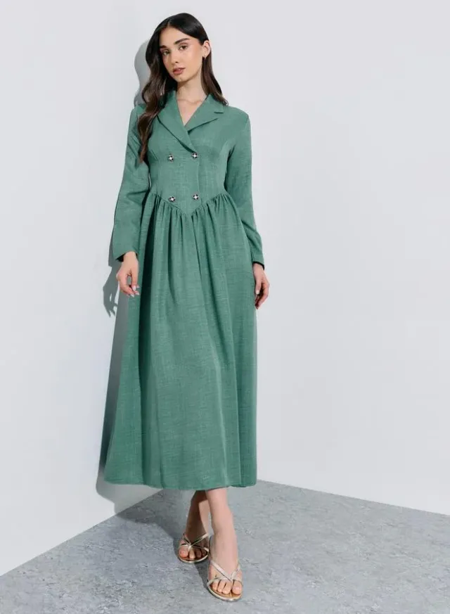 Green Solid Pleated Details Long Sleeves Shirt Maxi Dress
