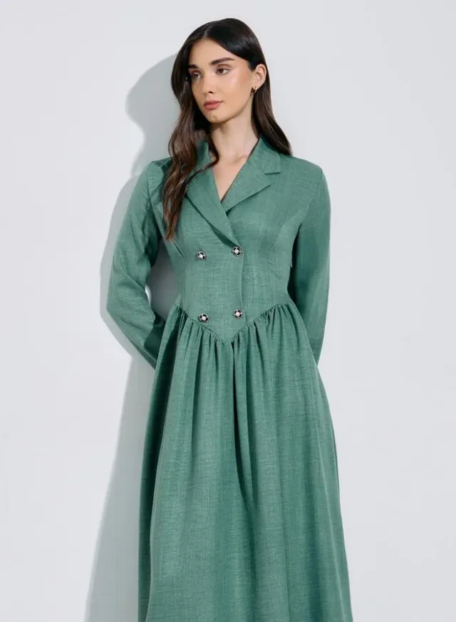 Green Solid Pleated Details Long Sleeves Shirt Maxi Dress – image 2