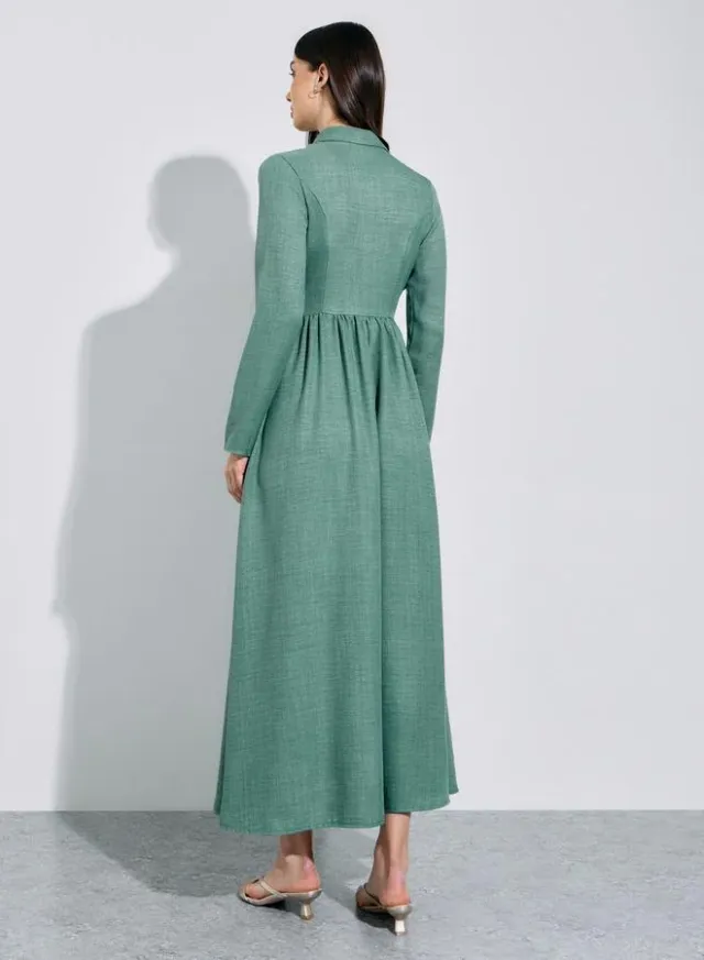 Green Solid Pleated Details Long Sleeves Shirt Maxi Dress – image 3