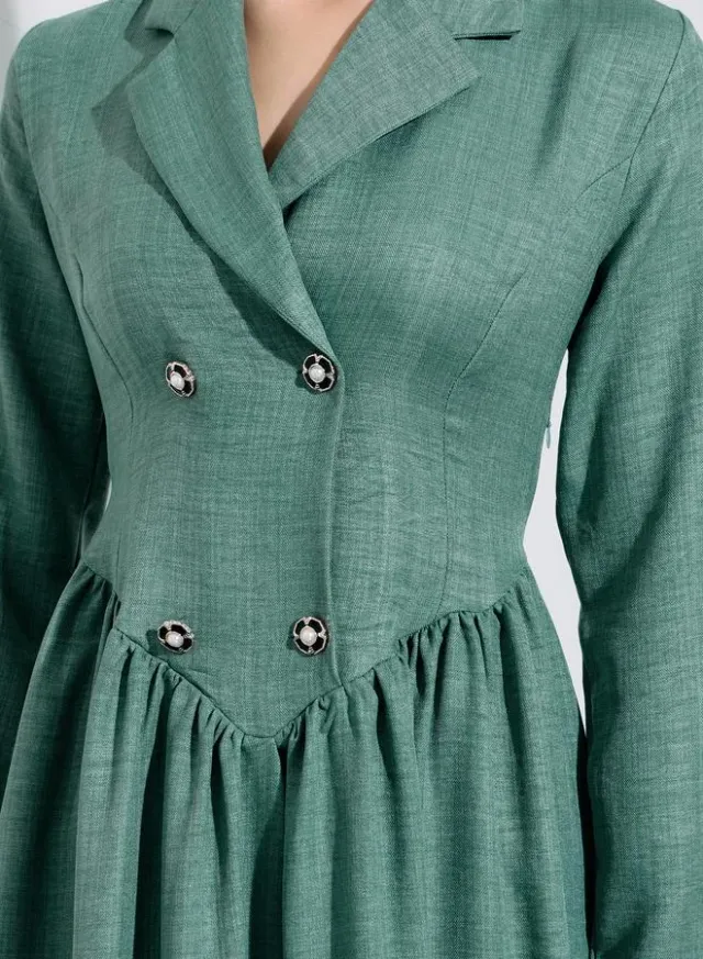 Green Solid Pleated Details Long Sleeves Shirt Maxi Dress – image 4