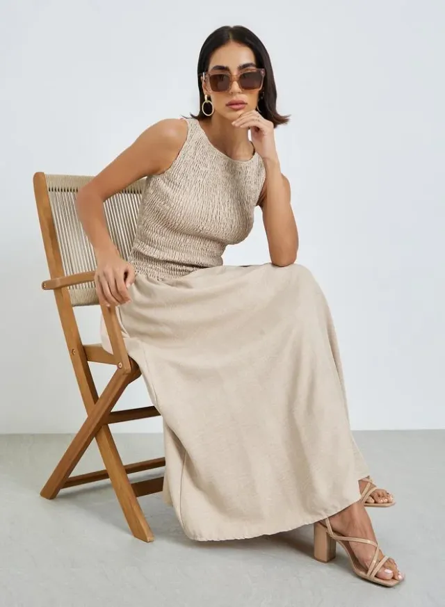 Beige Shirred A-Line Maxi Dress