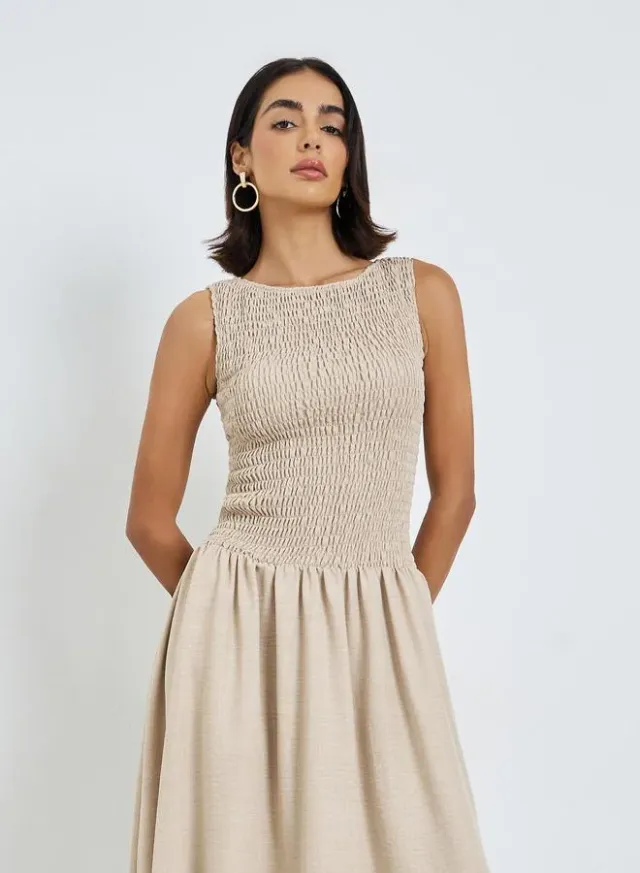Beige Shirred A-Line Maxi Dress – image 2