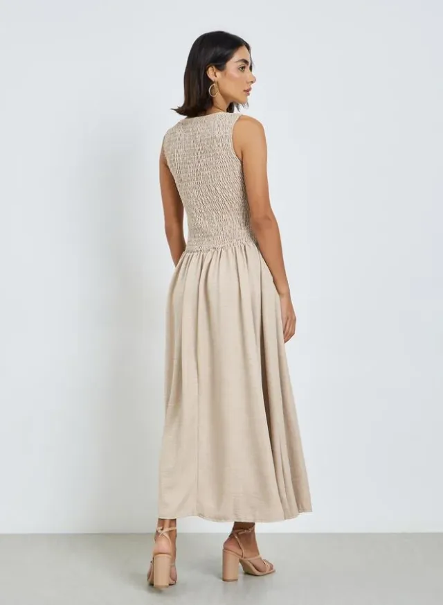 Beige Shirred A-Line Maxi Dress – image 3
