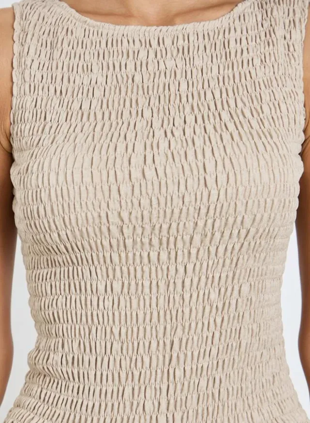 Beige Shirred A-Line Maxi Dress – image 4
