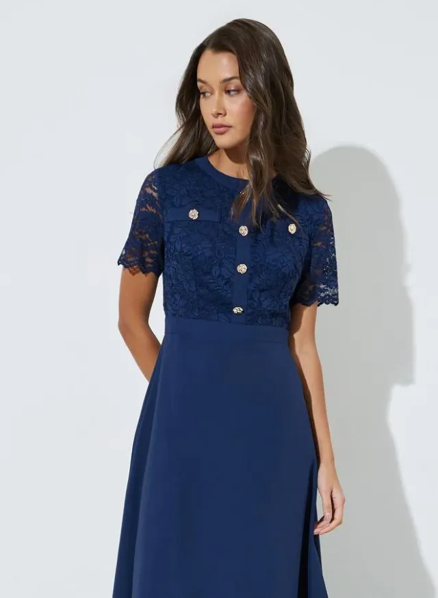 Navy Blue Lace and Button Details A-Line Midi Dress – image 2