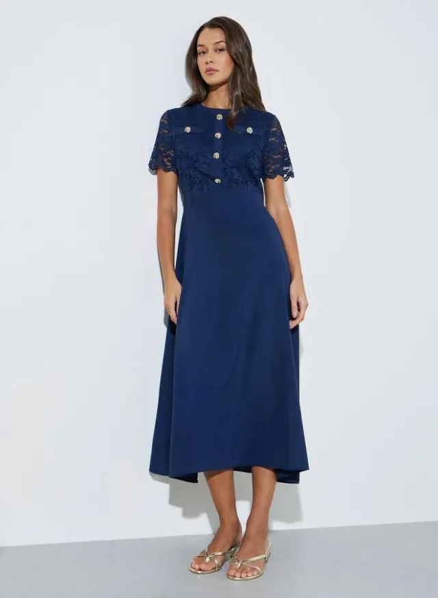 Navy Blue Lace and Button Details A-Line Midi Dress – image 3