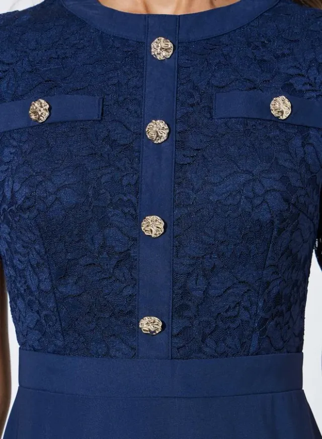 Navy Blue Lace and Button Details A-Line Midi Dress – image 4