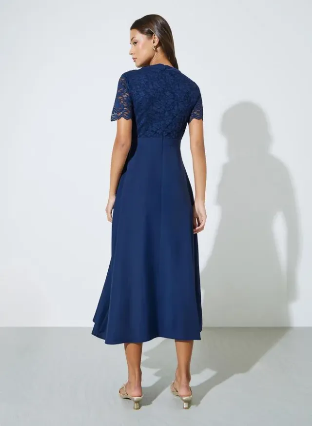 Navy Blue Lace and Button Details A-Line Midi Dress – image 5