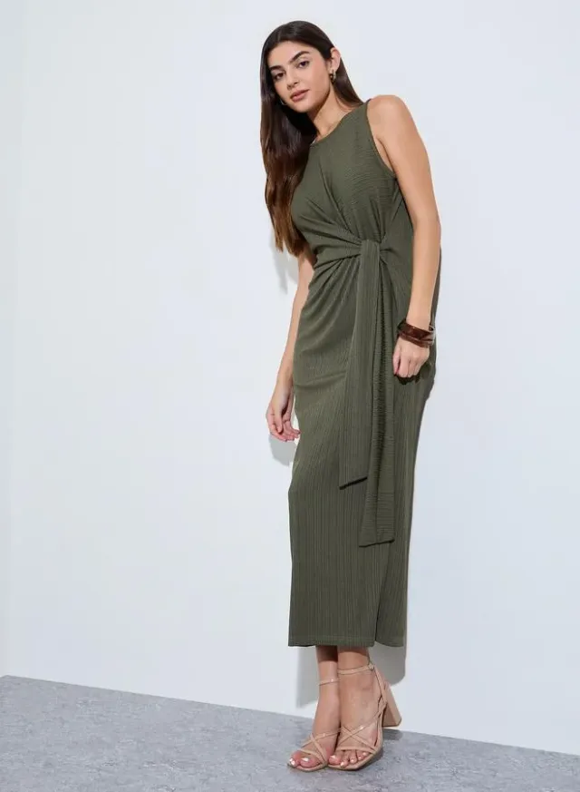 Green Sleeveless Side Waist Tie Maxi Dress