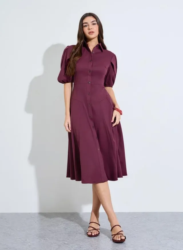 Burgundy Balloon Sleeves Shirt Midi Dress