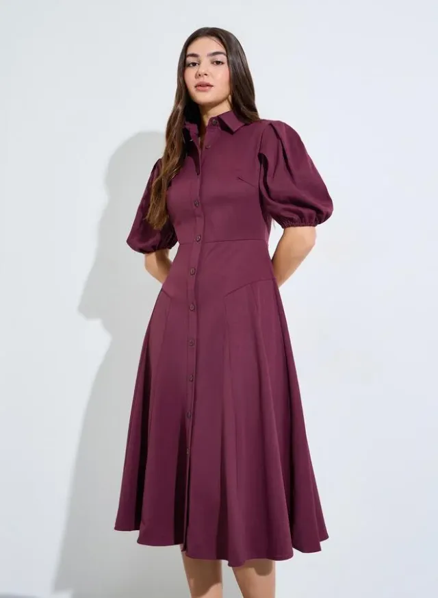 Burgundy Balloon Sleeves Shirt Midi Dress – image 2