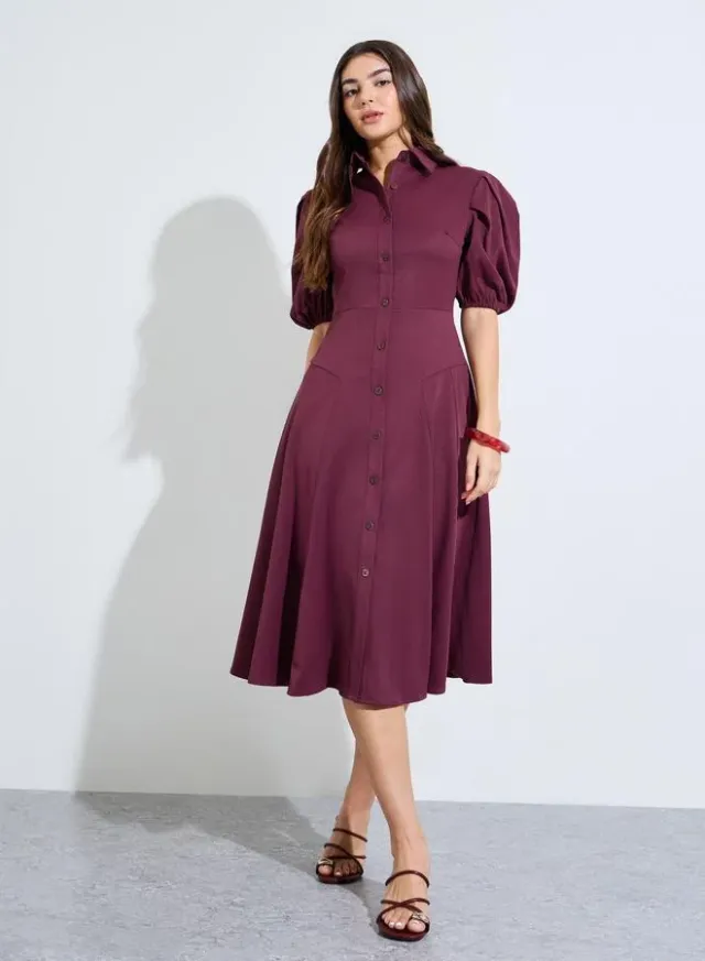 Burgundy Balloon Sleeves Shirt Midi Dress – image 3