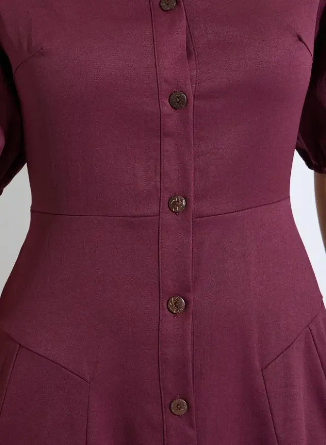 Burgundy Balloon Sleeves Shirt Midi Dress – image 4