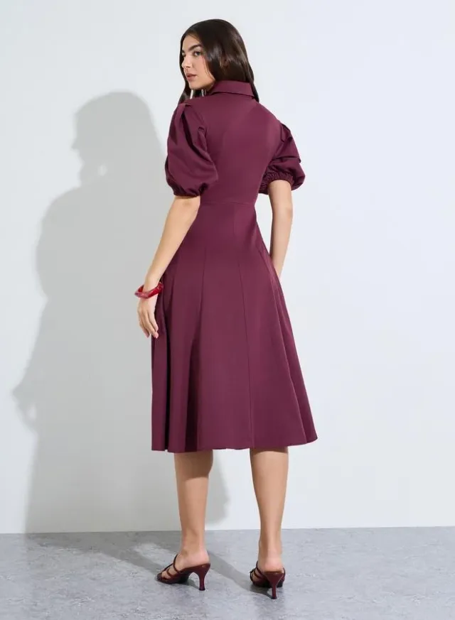 Burgundy Balloon Sleeves Shirt Midi Dress – image 5