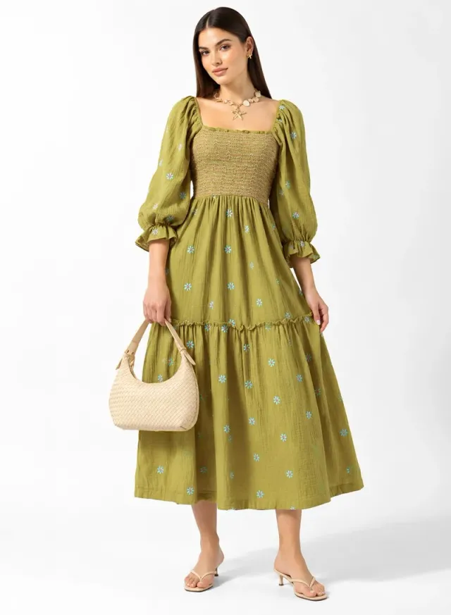 Puff Sleeves Smocked Floral A Line Dress