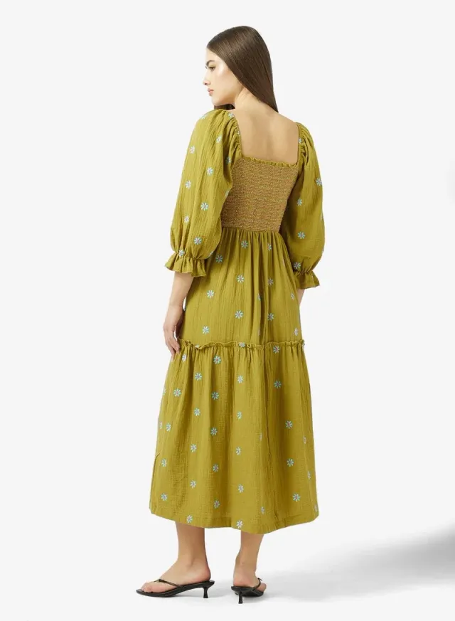 Puff Sleeves Smocked Floral A Line Dress – image 3