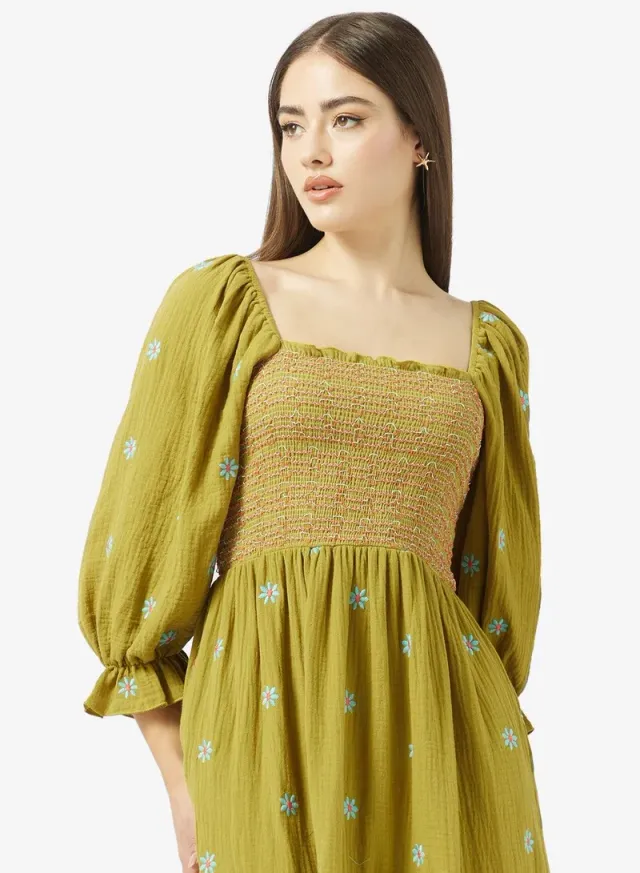 Puff Sleeves Smocked Floral A Line Dress – image 4