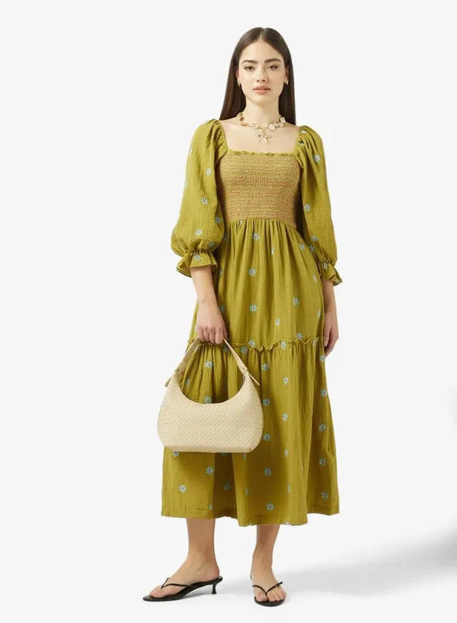 Puff Sleeves Smocked Floral A Line Dress – image 5