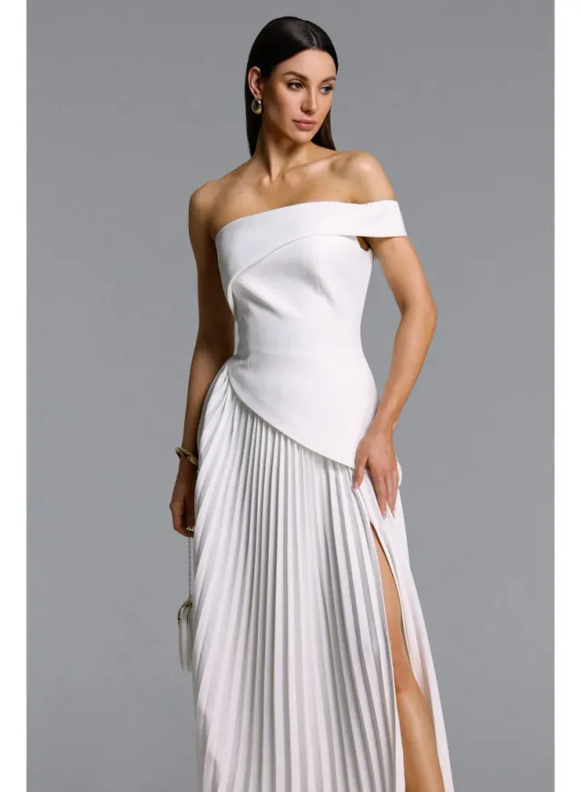 Vickee Elegant Tailored Off Shoulder Asymmetric Pleated Maxi Dress – image 2
