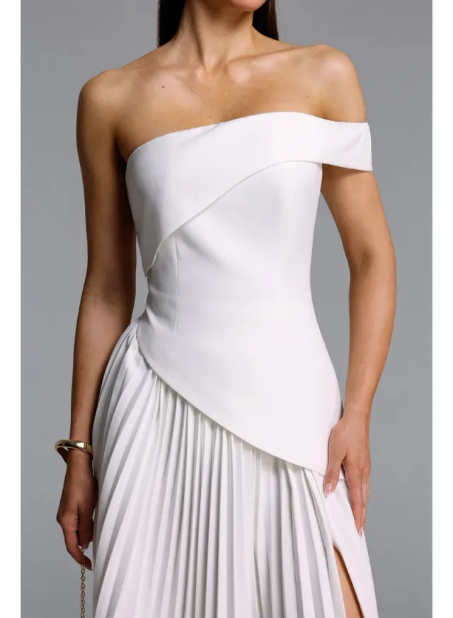 Vickee Elegant Tailored Off Shoulder Asymmetric Pleated Maxi Dress – image 5