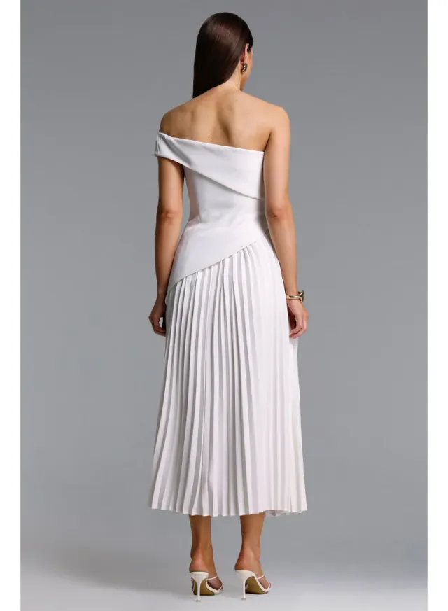 Vickee Elegant Tailored Off Shoulder Asymmetric Pleated Maxi Dress – image 6