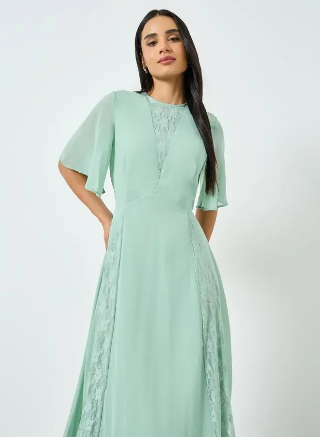 Green Lace Insert A-Line Midi Dress