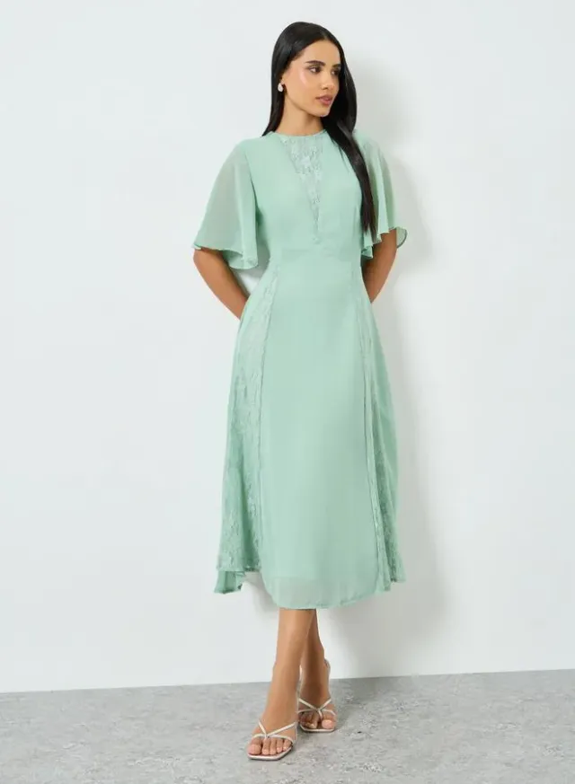 Green Lace Insert A-Line Midi Dress – image 2