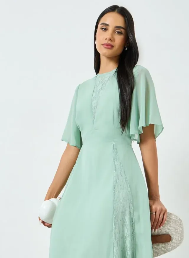 Green Lace Insert A-Line Midi Dress – image 3