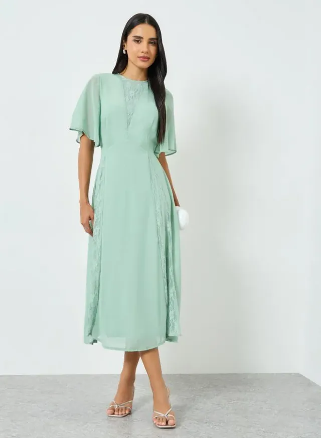 Green Lace Insert A-Line Midi Dress – image 4