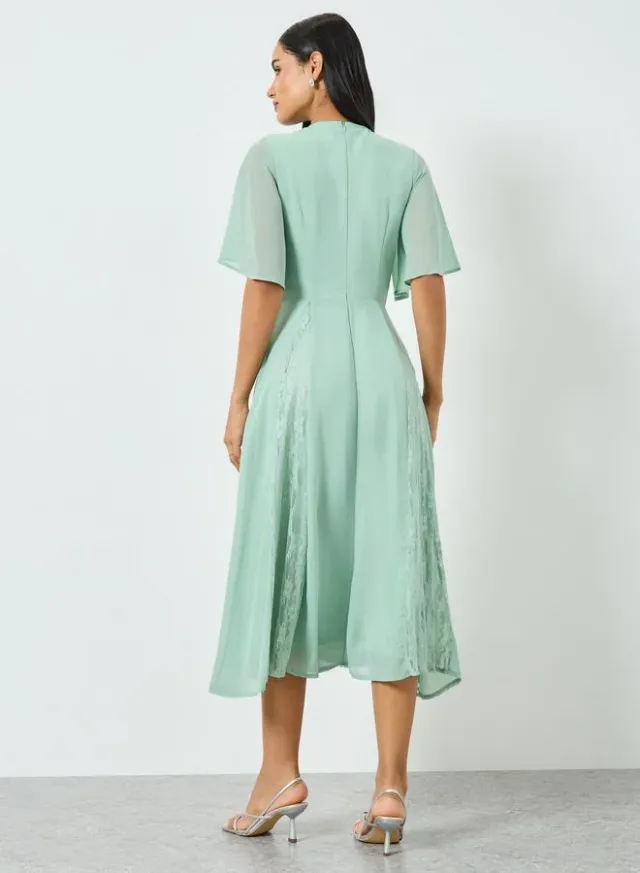 Green Lace Insert A-Line Midi Dress – image 6