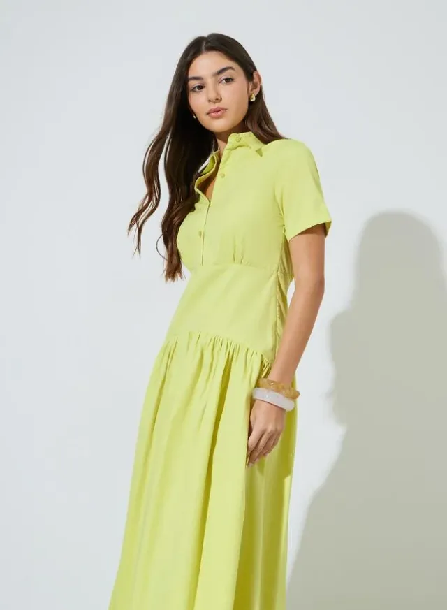 Lime Green Solid Short Sleeve Shirt Maxi Dress – image 2