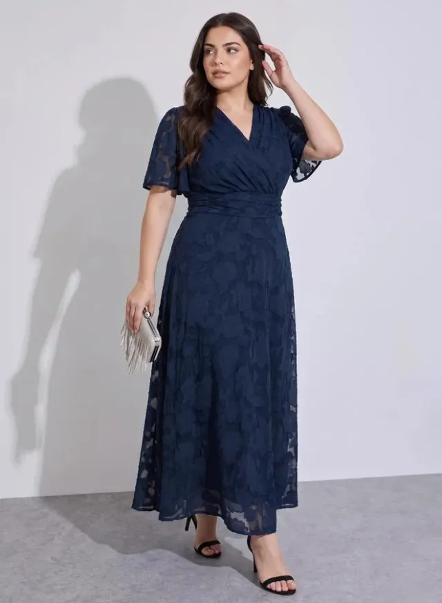 Plus Size Navy Blue Solid V-Neck Jacquard A-Line Maxi Derss