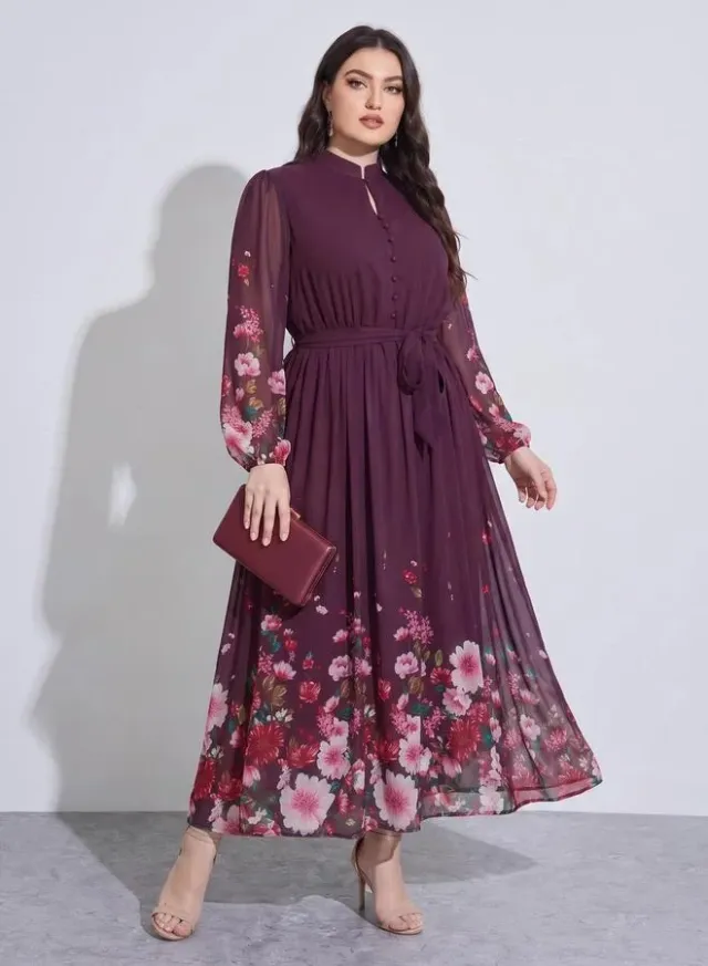 Plus Size Multi-Color Floral Print Tie-Up Waist A-Line Maxi Dress