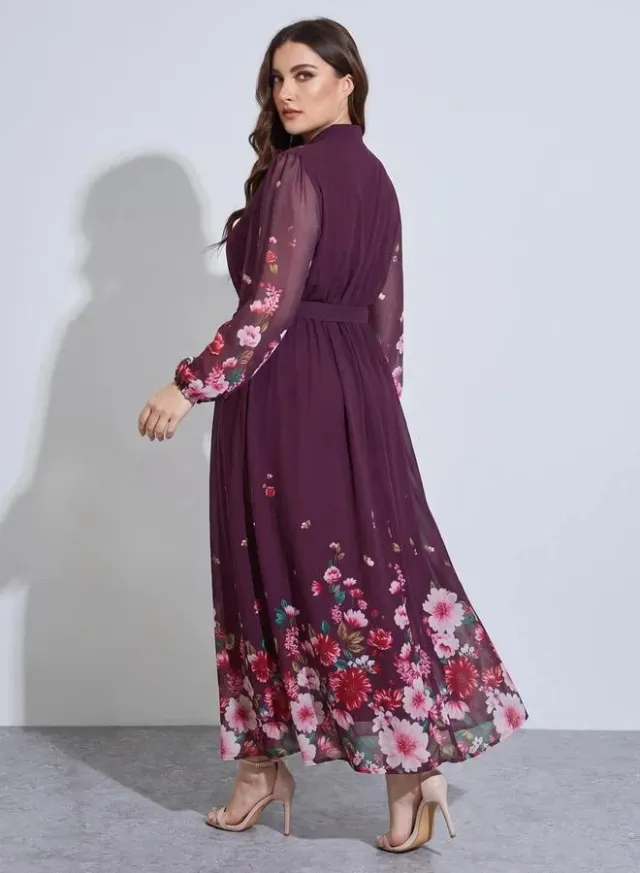 Plus Size Multi-Color Floral Print Tie-Up Waist A-Line Maxi Dress – image 4