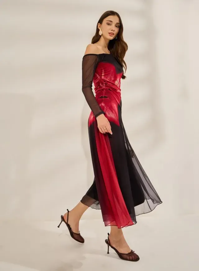 Floral Print One Shoulder Mesh Midi Dress – image 2