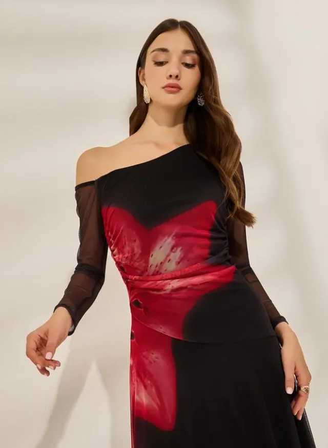 Floral Print One Shoulder Mesh Midi Dress – image 3