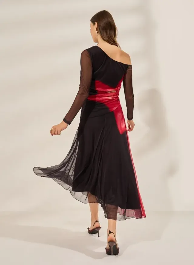 Floral Print One Shoulder Mesh Midi Dress – image 5