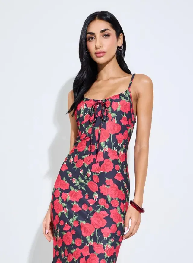 Red Floral Strappy Fit and Flare Midi Dress – image 2
