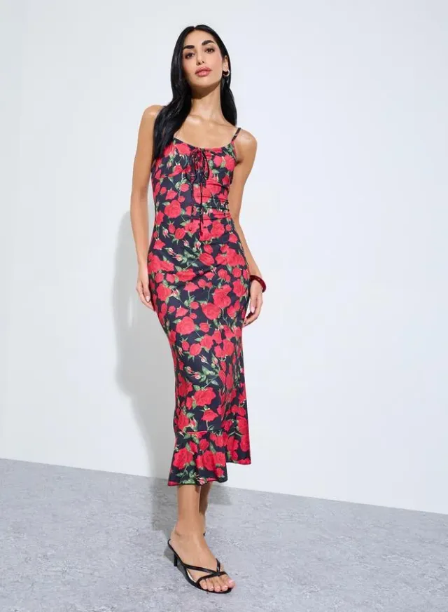 Red Floral Strappy Fit and Flare Midi Dress – image 3