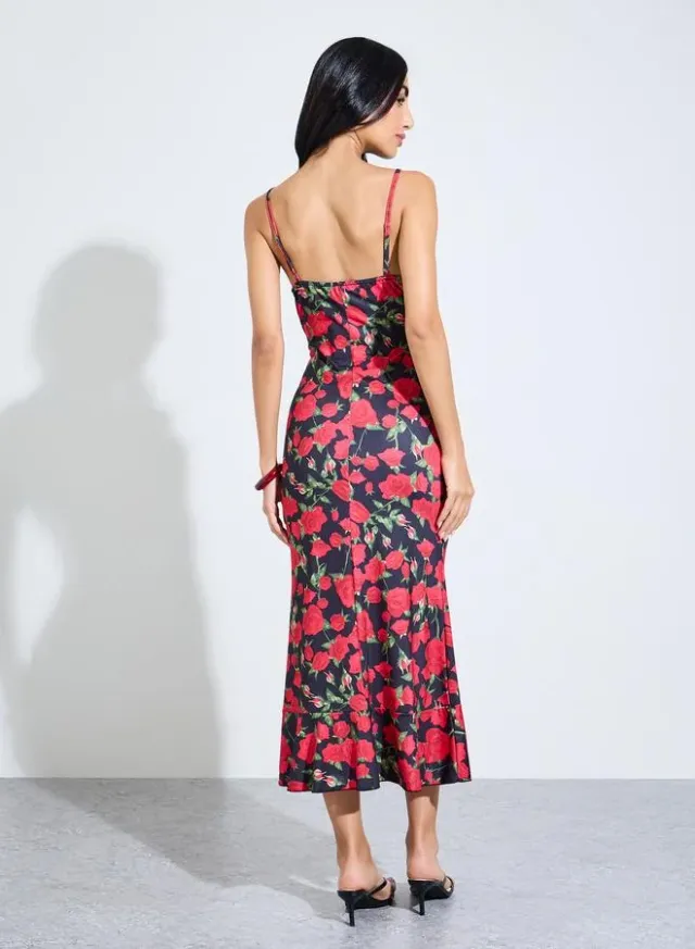 Red Floral Strappy Fit and Flare Midi Dress – image 5