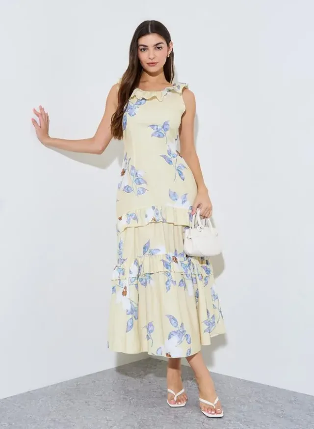 Yellow Floral Print Ruffled Midi Dress