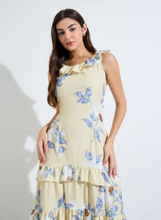 Yellow Floral Print Ruffled Midi Dress – image 2