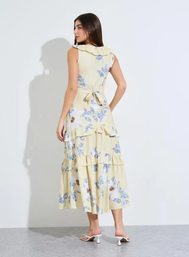 Yellow Floral Print Ruffled Midi Dress – image 3