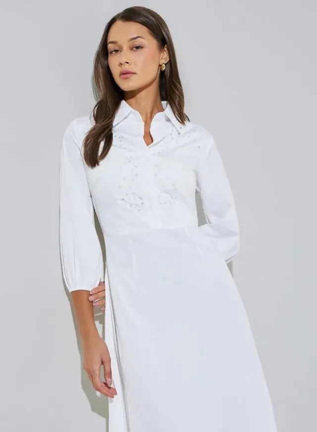 White Solid Schiffli Details 3/4 Sleeves A-Line Maxi Dress – image 2