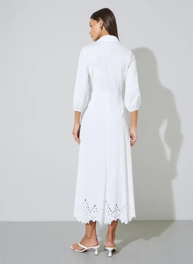 White Solid Schiffli Details 3/4 Sleeves A-Line Maxi Dress – image 3