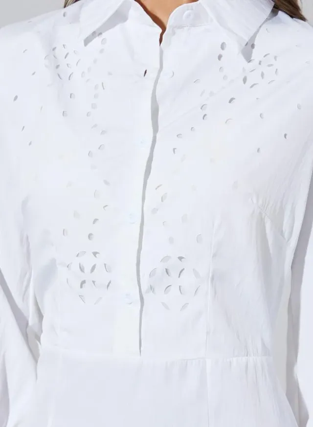 White Solid Schiffli Details 3/4 Sleeves A-Line Maxi Dress – image 4